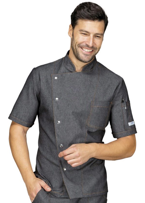 Chaqueta de cocinero Isacco Belfast, manga corta, corte slim fit, 1 bolsillo con botón a presión, ideal para chefs y cocineros.